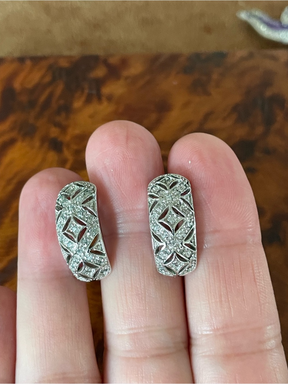 Semi hoop Silver Plated Filigree Pavé Cubic Zirconia Earrings